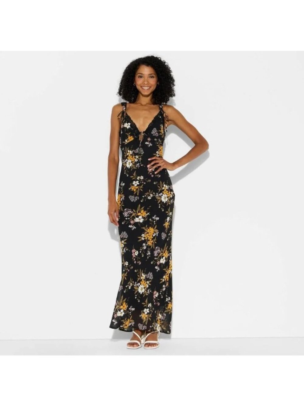 Black Floral Maxi Dress Wild Fable Women's Small Empire Waist Lace Trim V-Neck